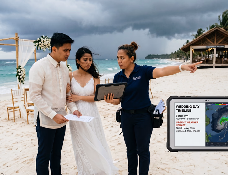 Filipino couple and wedding planner reviewing timeline and weather backup plan on a tropical beach with rain clouds approaching in the background