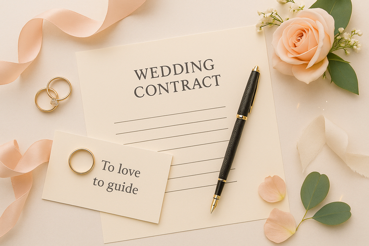 Elegant wedding contract and pen surrounded by soft wedding details, symbolizing careful planning.