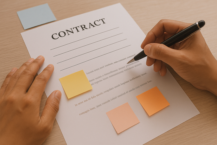 Hands holding a pen above a contract with sticky notes and blank lines, indicating pending details.