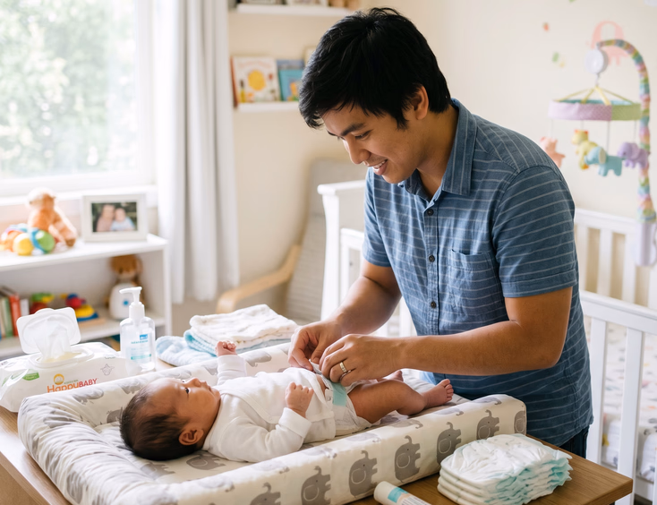 A focused young Filipino father with a gentle expression changes his newborn baby's diaper on a changing mat in a bright, sunlit nursery.