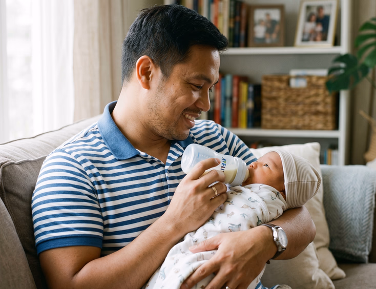 A caring Filipino father feeds his newborn a bottle while holding the baby semi-upright and making warm eye contact in a cozy living room.