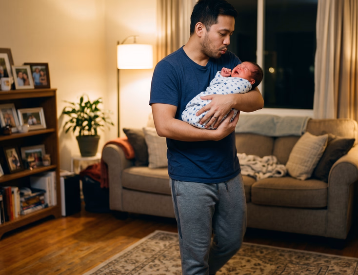 A patient Filipino father gently rocks and shushes his swaddled crying newborn while walking slowly across a living room with soft lighting.