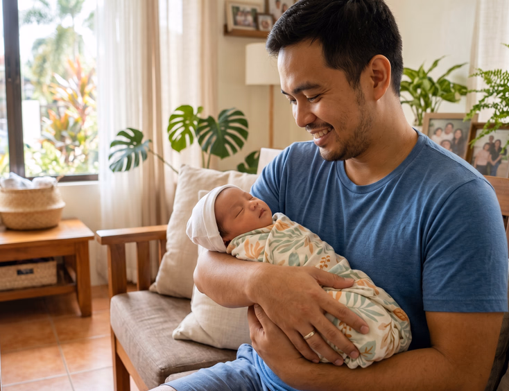 A proud Filipino father smiles with quiet confidence while holding his calm, content newborn baby in a bright, airy living room.