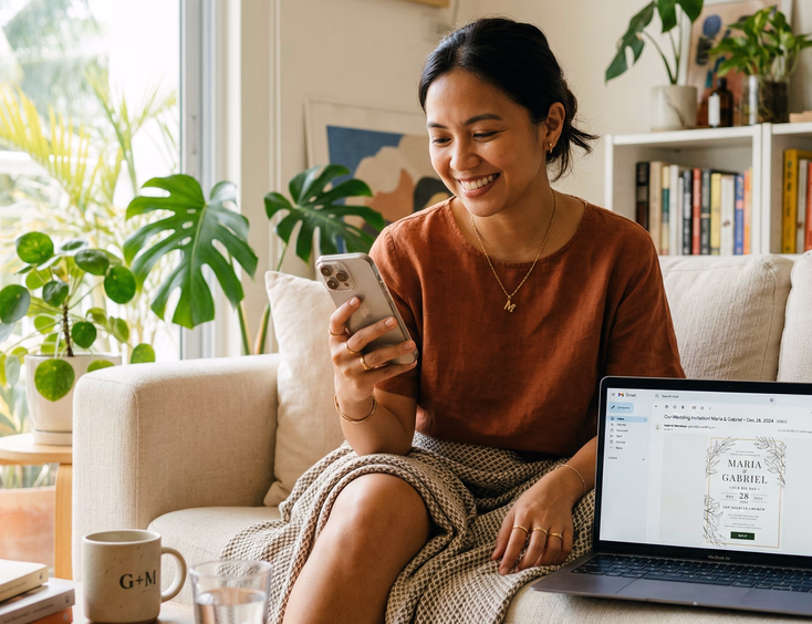 A Filipino woman in her late 20s sits on a couch smiling at her phone showing a beautifully designed digital wedding invitation, with a laptop open beside her displaying the same invitation in email format in bright natural daylight.