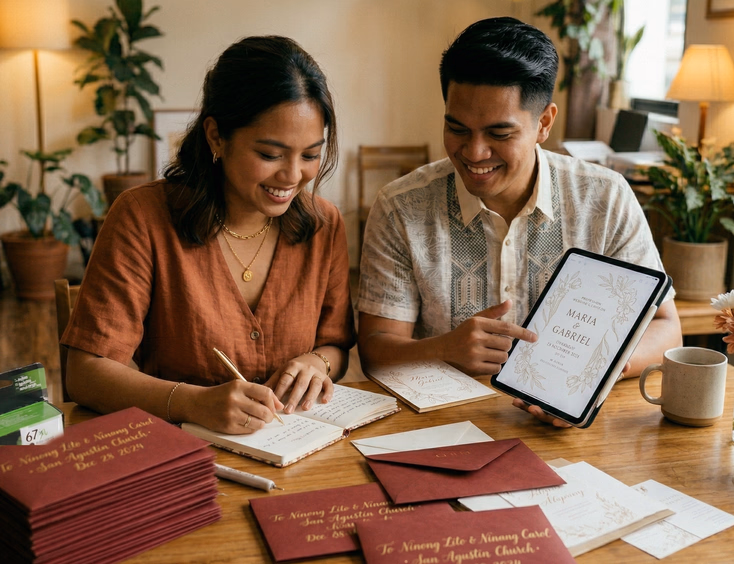 A Filipino couple in their late 20s sits at a dining table with a stack of printed wedding invitation envelopes addressed to older relatives beside a tablet showing a digital invitation ready to send, the woman writing a personal note in a small notebook in warm indoor lighting.