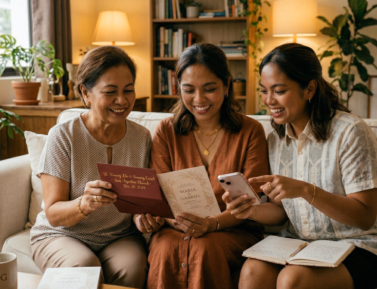 Three generations of a Filipino family sit in a living room, a grandmother in her 70s holding a printed wedding invitation and smiling, a middle-aged woman in her 50s reading the same invitation, and a young woman in her late 20s showing a digital version on her phone in warm candid home lighting.