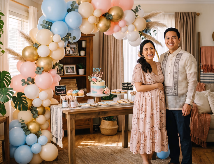 A smiling Filipino couple poses happily next to their homemade gender reveal decorations including a balloon arch in a cozy home setting.