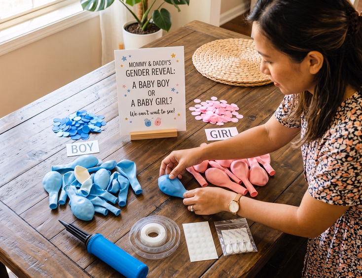 An organized flat lay shows a Filipino parent's DIY gender reveal supplies with pink and blue balloons, pump, and tools on a table.