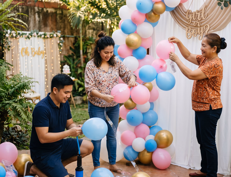 A focused Filipino couple and relative work together to assemble a DIY balloon garland for a gender reveal backdrop with a pump.