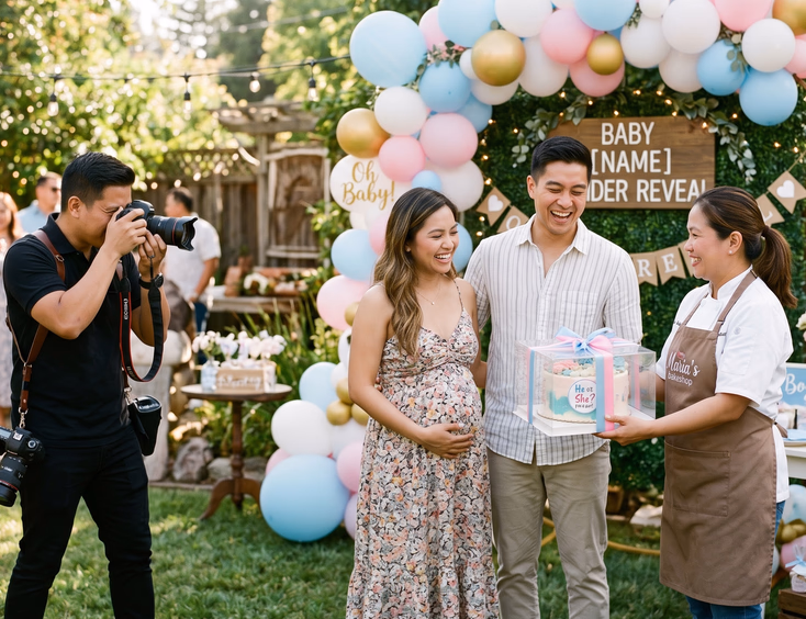 A happy Filipino couple receives their secret gender reveal cake from a baker next to their homemade balloon decor while a photographer waits.