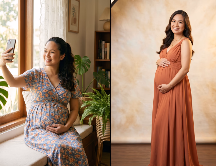 A split image shows a pregnant Filipino woman taking a self-portrait by a window at home next to a shot of her posing in a professional studio.