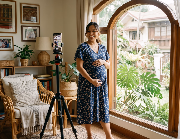 A relaxed pregnant Filipino woman uses a phone on a tripod to take a cozy self-portrait beside a large window with natural daylight at home.
