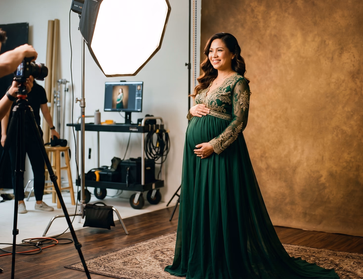 A polished portrait of an pregnant Filipino woman in an elegant gown posing for a professional in a studio with visible lighting equipment.