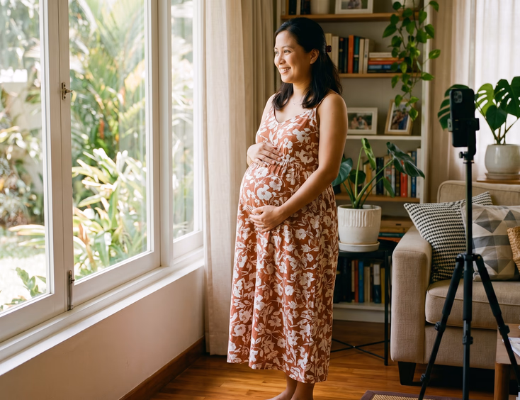 A pregnant Filipino woman poses in soft side light from a large window at home with a tidy background, using a phone on a tripod nearby.