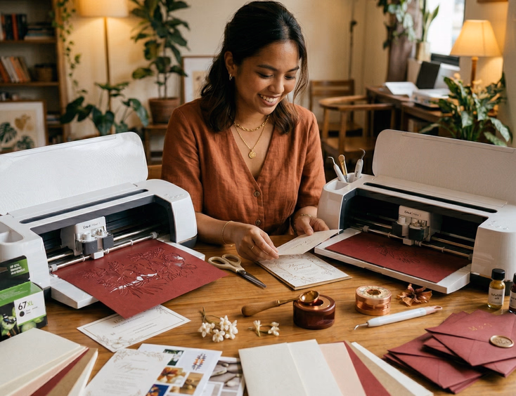 A Filipino woman in her late 20s sits at a home craft table covered with wedding invitation materials including card stock samples, a Cricut cutting machine, ink cartridges, wax seal supplies, and printed test cards in warm afternoon light from a nearby window.