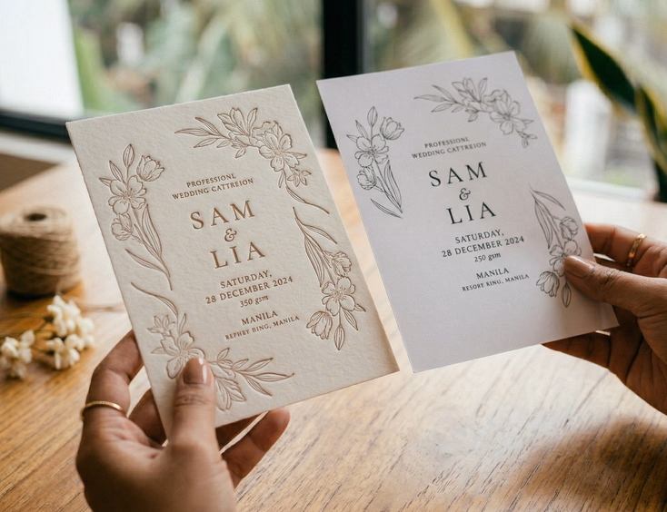A close-up of a Filipino woman's hands holding a professionally letterpress-printed wedding invitation card beside a home-printed version of the same design, the deep tactile impression of the letterpress piece visibly contrasting with the flat surface of the standard card stock version in soft natural window light.