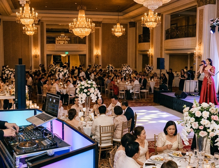 Wide shot of a Filipino wedding reception ballroom with a DJ booth on the left and a live band with a female vocalist performing on stage on the right
