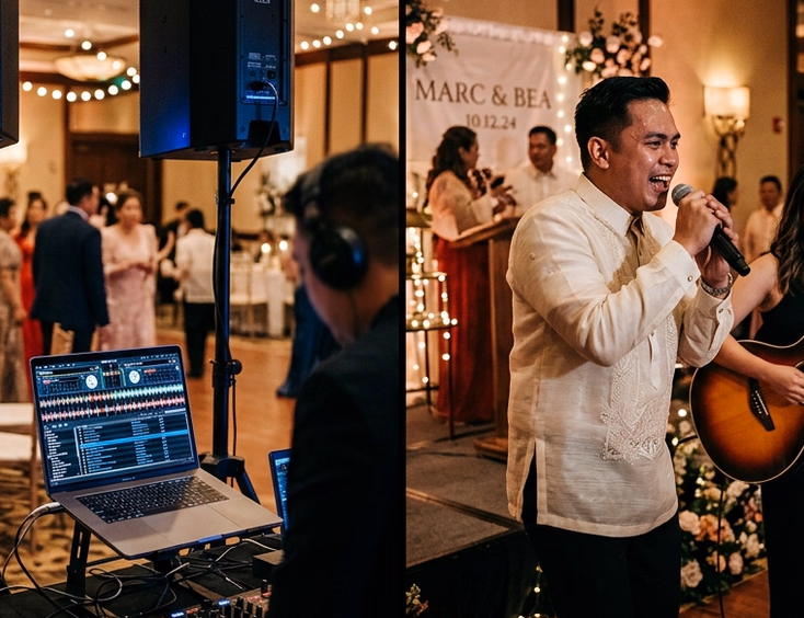 Split close-up of professional DJ speakers with audio waveforms on the left and a Filipino male vocalist in barong tagalog performing with a female guitarist on the right at a wedding reception