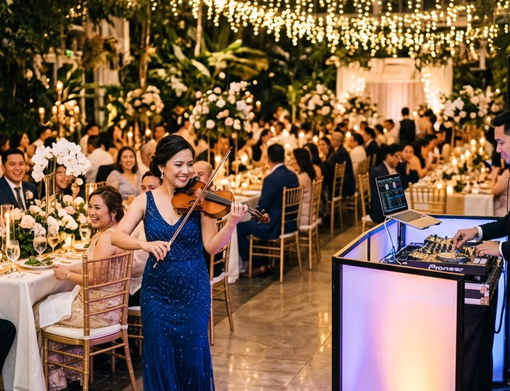 Filipino female violinist in a deep blue gown strolling beside guest tables in the foreground while a male DJ works a booth with purple and amber lighting in the background
