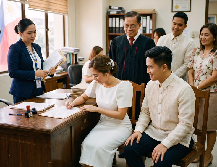 Filipino bride and groom signing marriage contract at Philippine city hall with judge and witnesses present