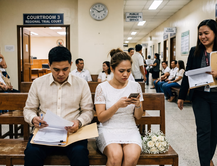 Stressed Filipino couple reviewing wedding documents in city hall hallway while coordinator approaches with backup paperwork