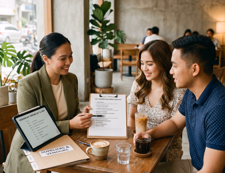 Filipino wedding coordinator reviewing civil wedding document checklist with couple at cafe, including CENOMAR and PSA birth certificates