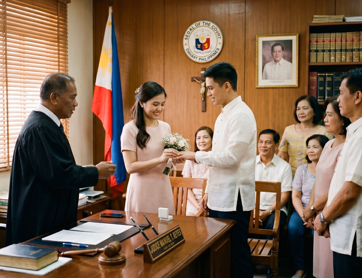 Intimate Filipino civil wedding ceremony in judge's chambers with couple exchanging rings before judge and six guests