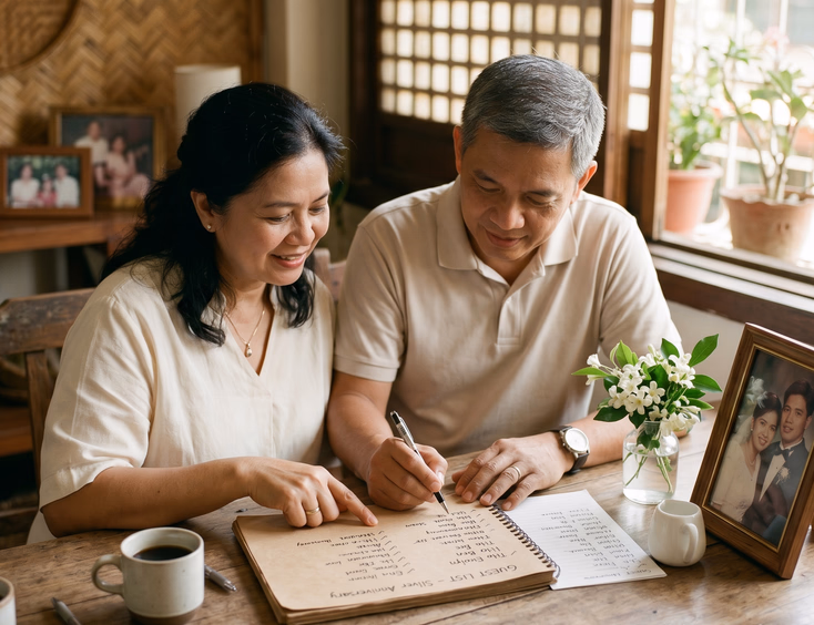 Filipino couple in their 40s reviewing a handwritten guest list at a warmly lit wooden dining table in a home setting.