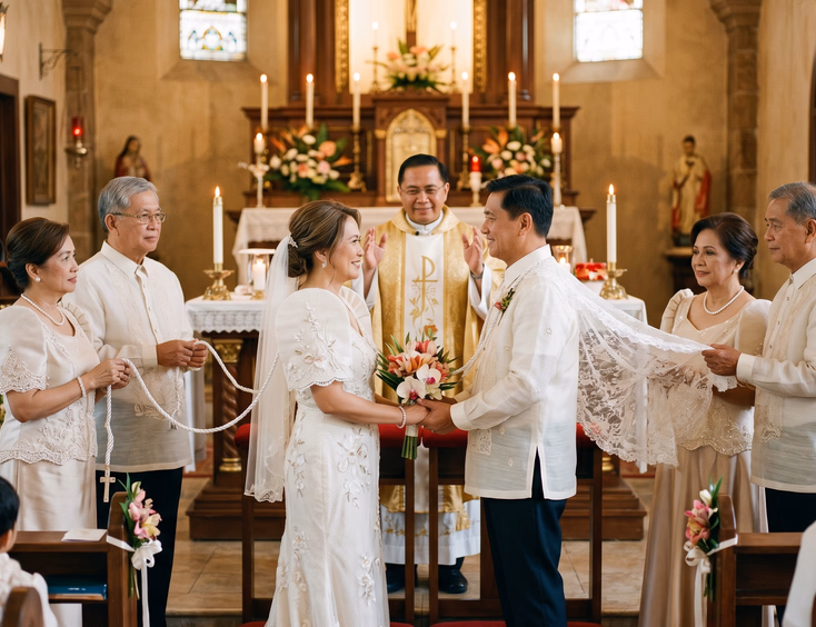 Filipino couple in their 50s celebrating a vow renewal in a chapel with sponsors and a priest.