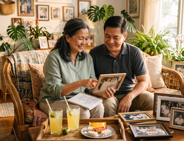 Filipino couple in their 50s looking at framed photos and a names list on a rattan sofa in a sunlit living room.