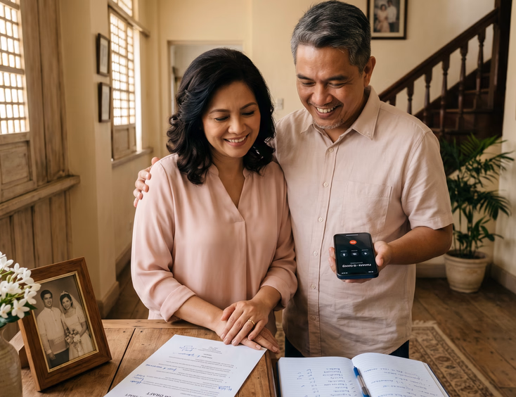 Filipino couple in their 40s discussing a printed program draft during a phone call in a home hallway.