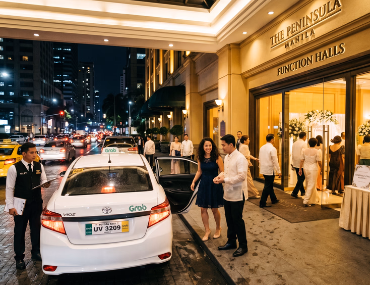 Wide shot of a Philippine hotel function hall entrance at night with Filipino wedding guests in formal attire walking through the lobby while a couple exits a white Grab sedan at the drop-off area with a valet attendant nearby