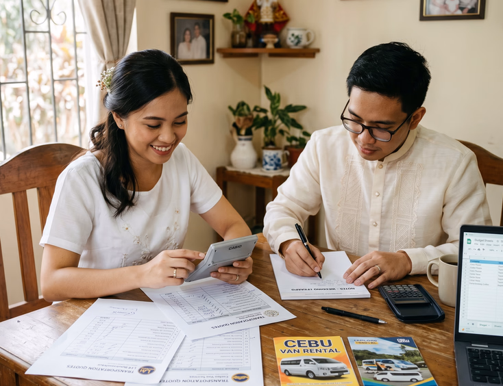Filipino bride and groom reviewing printed transportation quotes at a dining table in a simple Philippine home with a calculator van rental brochures and a laptop showing a spreadsheet under soft natural window light