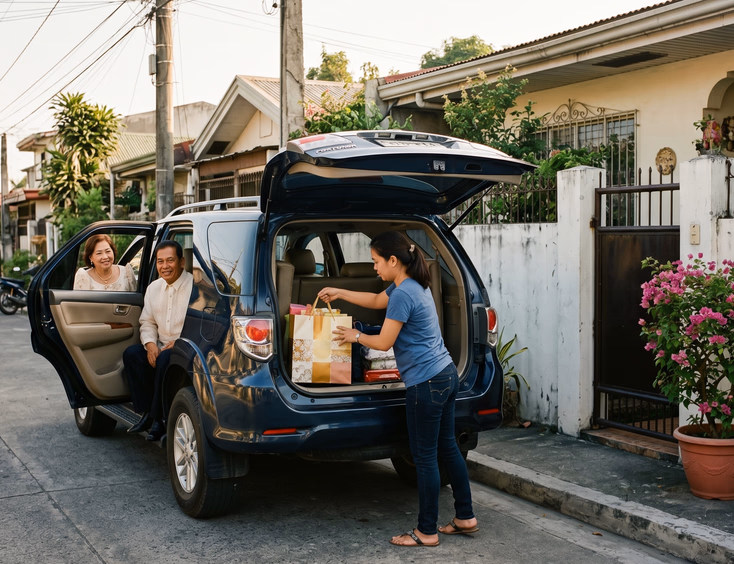 Filipino woman in casual clothes loading a gift bag into the trunk of a dark blue Toyota Fortuner SUV parked in a residential Philippine street with two wedding guests in formal attire seated in the back