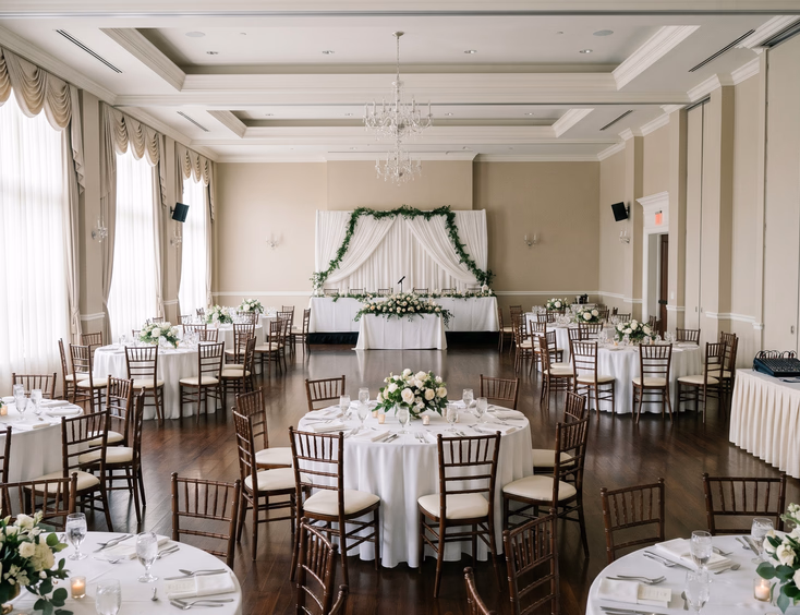 Empty Filipino wedding reception ballroom with wall-mounted speakers, basic mixer, chiavari chairs, and round tables set up without a DJ booth