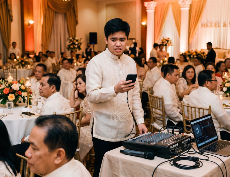 Stressed Filipino groomsman operating a basic sound mixer with an aux cable phone connection during a wedding reception in the Philippines
