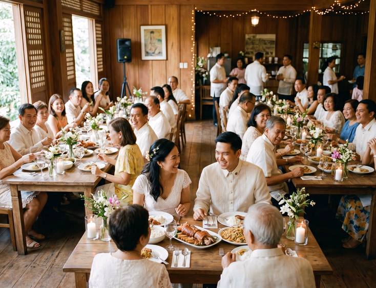 Small intimate Filipino wedding lunch reception at a cozy restaurant with fewer than 50 guests and a single speaker for background music