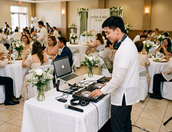 Young Filipino DJ with a compact portable controller and laptop setup at a modest Filipino wedding reception function hall