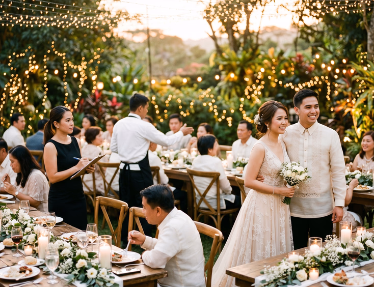 Filipino wedding coordinator discreetly managing intimate candlelit garden reception in Tagaytay during golden hour