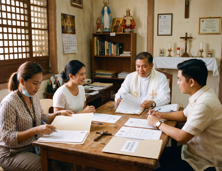 Filipino couple reviewing wedding documents with Catholic priest and coordinator inside Philippine parish office