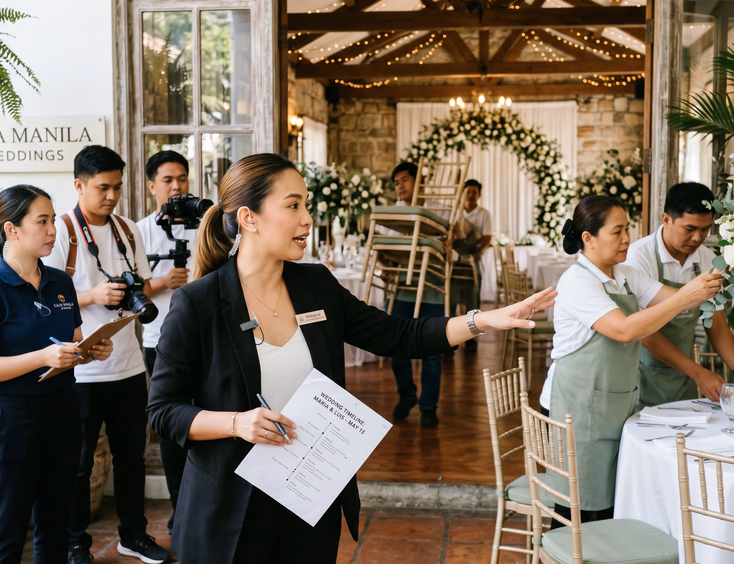 Filipino wedding coordinator directing florist and caterer setup at intimate Manila wedding venue on wedding morning