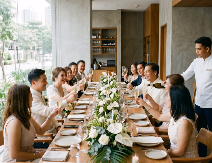 Filipino couple toasting champagne with family and friends at intimate elopement lunch inside private Makati restaurant