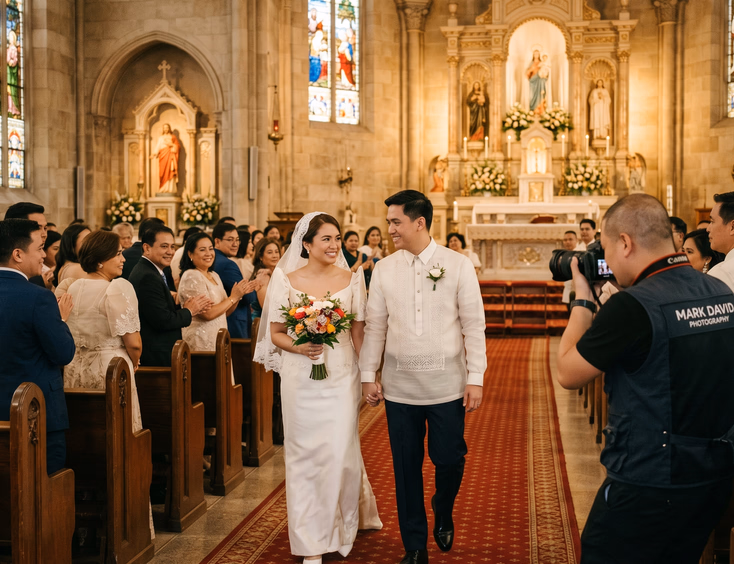 Filipino wedding photographer capturing a bride and groom walking down the aisle of a Catholic church in the Philippines with guests watching from the pews