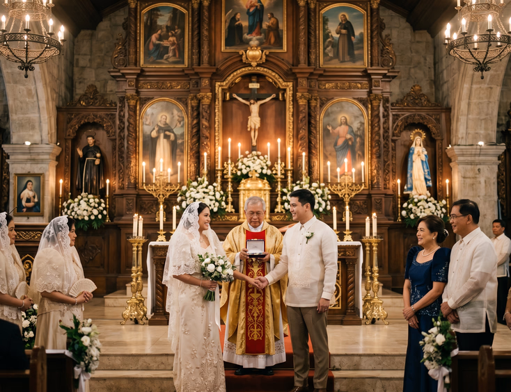 Filipino couple standing at the altar of an ornate Catholic church during a wedding ceremony with a priest holding arras coins and candles glowing in the background