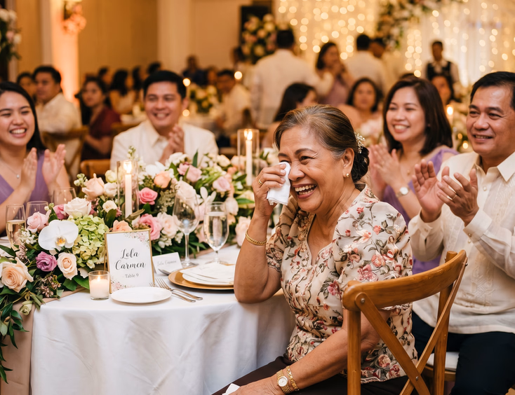 Candid moment of a Filipino grandmother laughing and wiping a tear at a wedding reception surrounded by smiling guests and soft string light bokeh