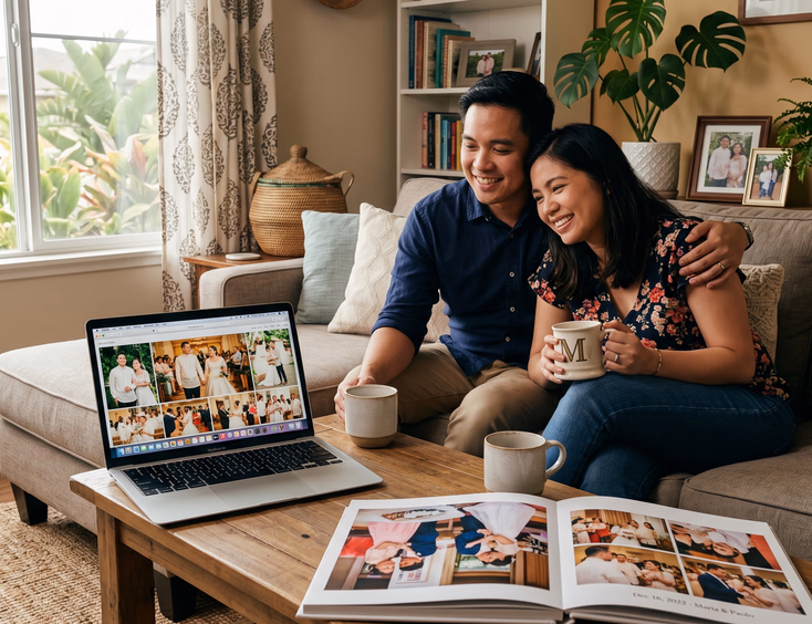 Filipino couple sitting on a couch at home viewing their wedding photo gallery on a laptop with a printed wedding album open on the coffee table