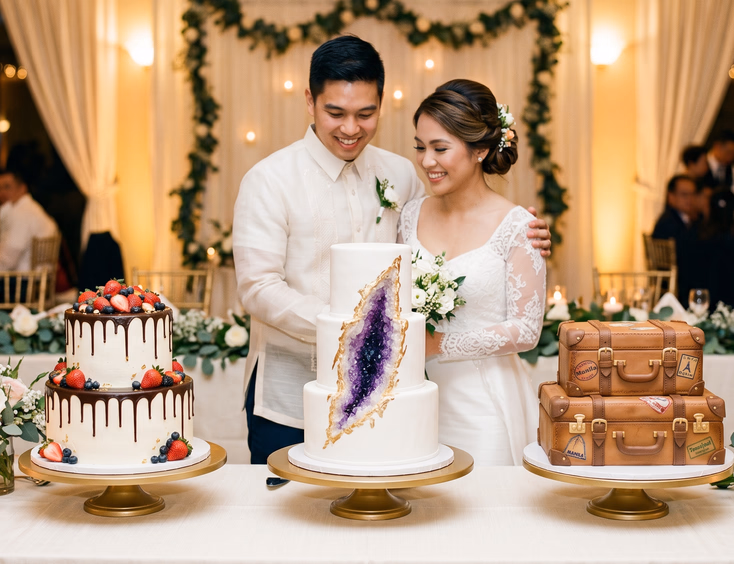 Filipino couple admiring three specialty wedding cakes at an elegant reception venue, featuring a chocolate drip cake, purple amethyst geode cake, and sculpted vintage suitcase cake on gold stands