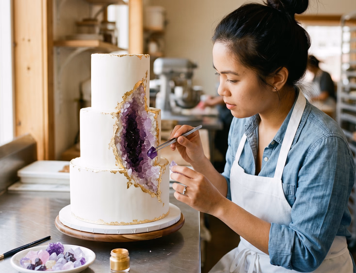Filipino baker using tweezers to place purple and lavender isomalt crystals into a carved geode opening on a white fondant wedding cake with gold leaf accents in a bright bakery studio