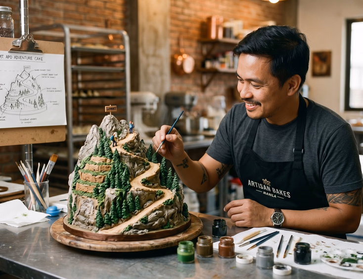 Filipino male cake artist in a black apron hand-painting a sculpted mountain range wedding cake with fondant trees and a hiking trail in a warm bakery studio with exposed brick walls
