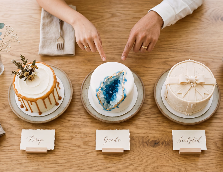 Bird's eye flat lay of three single-tier sample wedding cakes labeled Drip, Geode, and Sculpted with a Filipino couple's hands pointing at the cakes on a light oak table